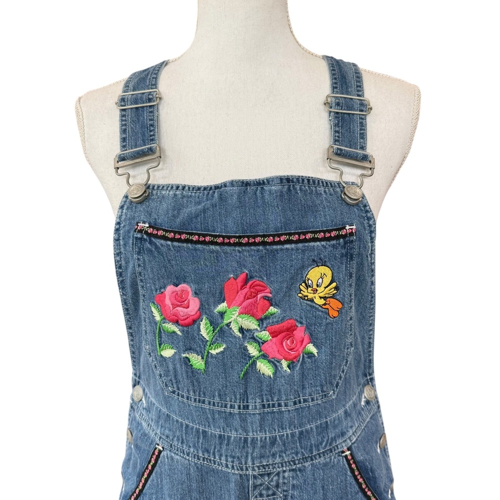 Warner Bros Studio Tweety Bird Rose Embroidered Denim Overall Maxi Dress XS NWT - Picture 2 of 10